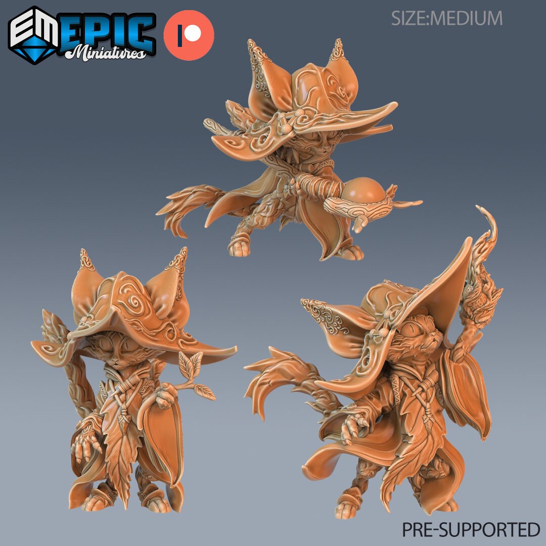 Resin miniatures by Epic Miniatures. Three anthropomorphic cat druid options.